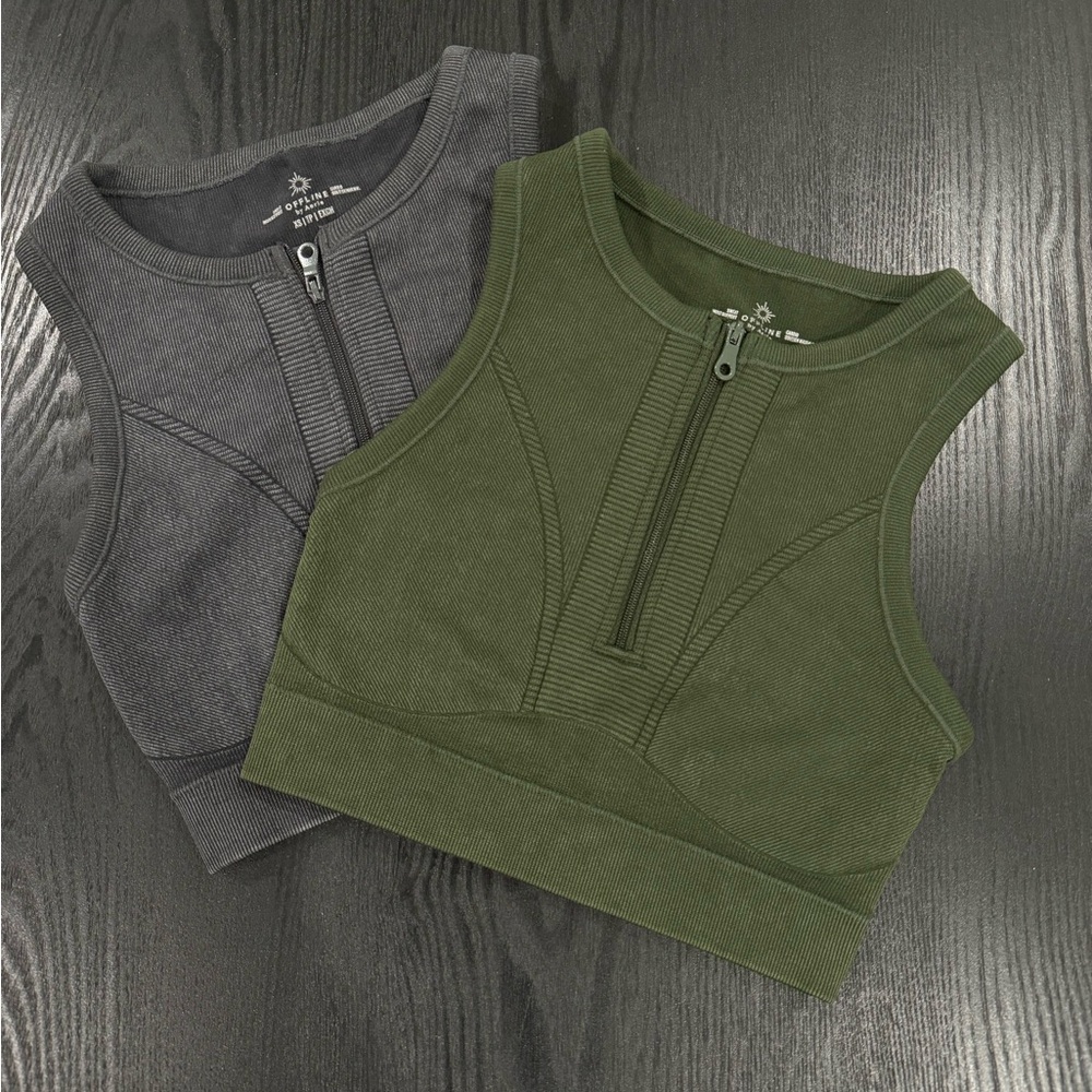 Set of 2 OFFLINE Seamless Zip Front Sports Bra in Crew Green & Gray Size XS NWOT
